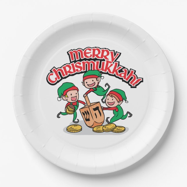 Merry Chrismukkah with Elves and Dreidels Paper Plates (Front)