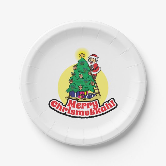 Merry Chrismukkah with Santa and Christmas Tree Paper Plates (Front)