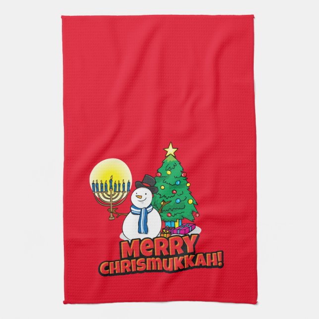 Merry Chrismukkah with Snowman and Menorah Kitchen Towel (Vertical)