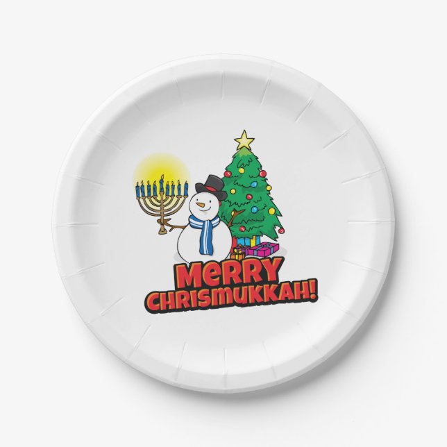 Merry Chrismukkah with Snowman and Menorah Paper Plates (Front)