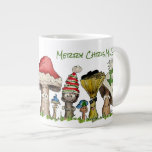 Merry ChrisMUSH Christmas Mushrooms Cartoon Giant Coffee Mug<br><div class="desc">Six funny cartoon mushroom caps wearing holiday caps are saying Merry ChrisMUSH. Let these funny fungi express your Christmas or Holiday Cheer. There is a cute small mushroom on the left side saying "Gills just wanna have fungi! Fa la la la la". Write your own text in any field to...</div>