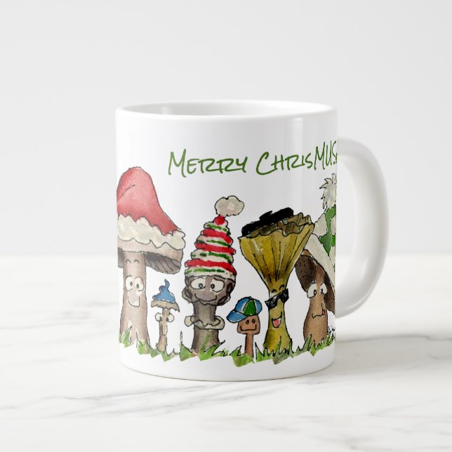 Merry ChrisMUSH Christmas Mushrooms Cartoon Giant Coffee Mug (Front Right)