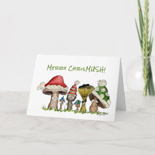 Merry ChrisMUSH Christmas Mushrooms Cartoon Holiday Card