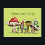 Merry ChrisMUSH Christmas Mushrooms Cartoon Holiday Postcard<br><div class="desc">Six funny cartoon mushroom caps wearing holiday caps are saying "Merry ChrisMUSH". Let these funny fungi express your Christmas or Holiday Cheer. All text can be edited, on back of postcard reads: "Warmest Wishes", There is also a cute small mushroom with cap saying "Gills just wanna have fungi! Fa la...</div>