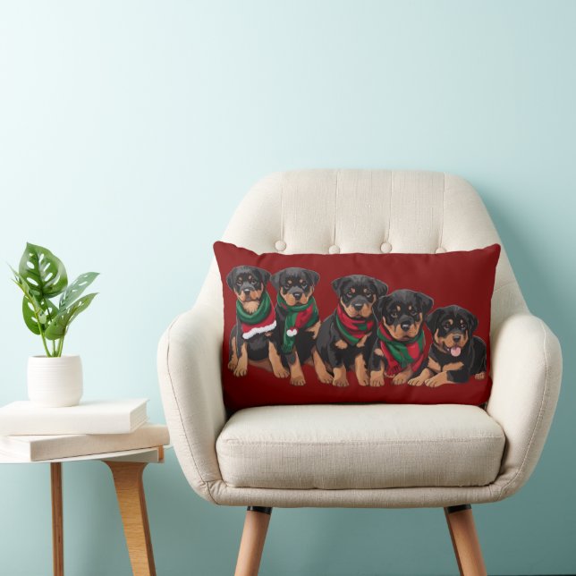 Merry Chrismutts Rottweiler Puppies Wearing Scarf Lumbar Pillow (Chair)