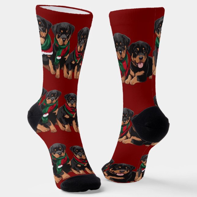 Merry Chrismutts Rottweiler Puppies Wearing Scarf Socks (Angled)