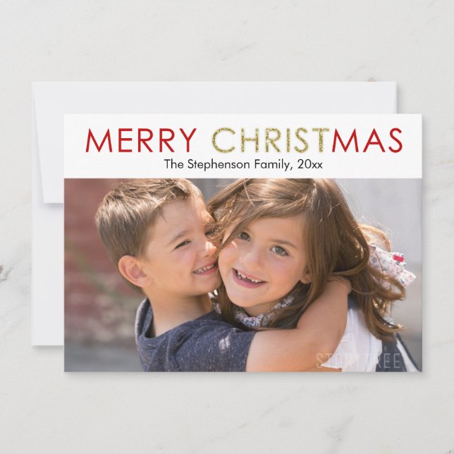 Merry Christ in Christmas Gold Glitter Photo Holiday Card (Front)