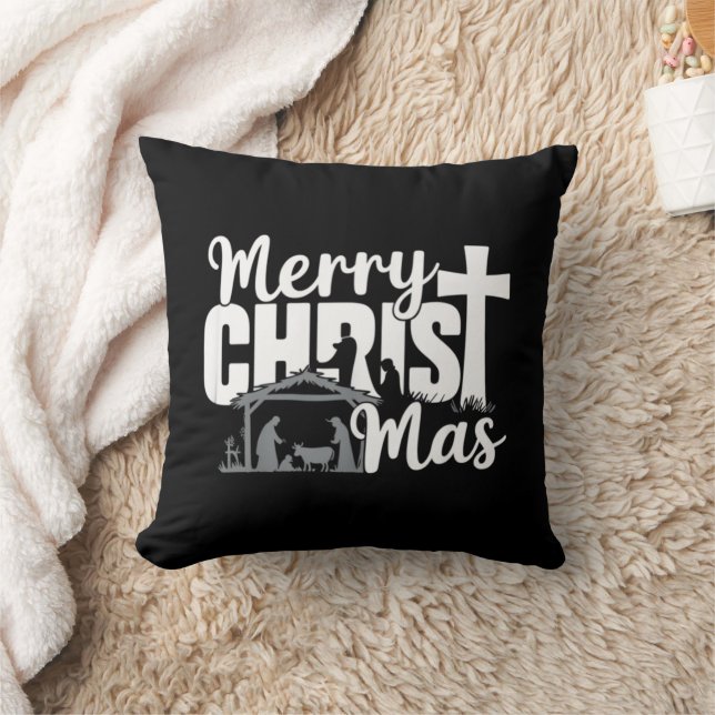 Merry Christ Mas Christian Christmas Jesus Family  Throw Pillow (Blanket)