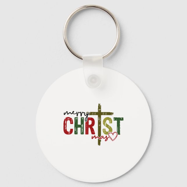 Merry Christ Mas Faith Cross Religious Christmas Q Keychain (Front)