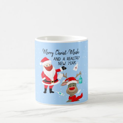 merry Christ_mask and a healthy New Year postcard Coffee Mug