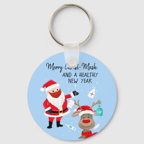 merry Christ_mask and a healthy New Year postcard Keychain