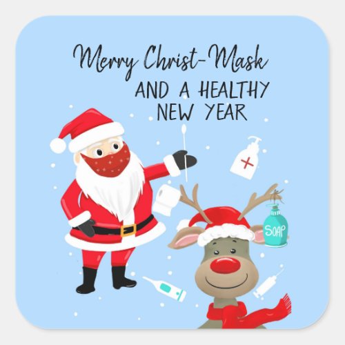 merry Christ_mask and a healthy New Year postcard Square Sticker