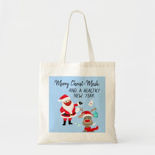 merry Christ_mask and a healthy New Year postcard Tote Bag