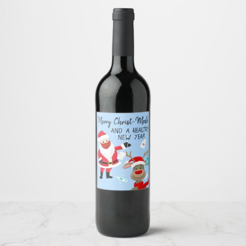 merry Christ_mask and a healthy New Year postcard Wine Label