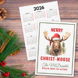 Merry Christ-moose Christmas Moose Calendar Holiday Card<br><div class="desc">Embrace the holiday spirit with our charming Christmas card/calendar, featuring a lovable moose donning a Santa hat on the front, accompanied by the punny greeting “Merry Christ-moose”. On the back you’ll find a convenient calendar for your recipient to enjoy for the entire year. This card is perfect for sending warm...</div>