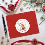 Merry Christ-moose Funny Christmas Moose Classic Round Sticker<br><div class="desc">Embrace the holiday spirit with our charming Christmas sticker, featuring a lovable moose donning a Santa hat accompanied by the punny greeting “Merry Christ-moose”. This sticker is perfect for sending warm wishes to family and friends, spreading laughter and joy during the festive season These stickers make great envelope seals for...</div>