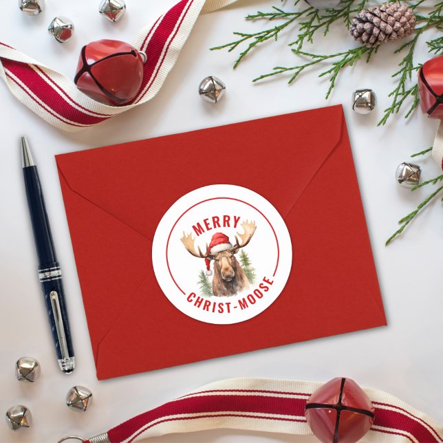 Merry Christ-moose Funny Christmas Moose Classic Round Sticker (Creator Uploaded)