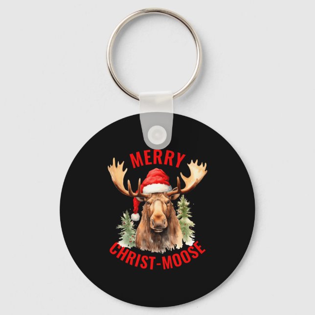 Merry Christ Moose Funny Christmas Moose  Keychain (Front)