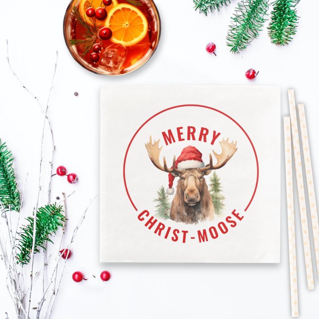 Merry Christ-moose Funny Christmas Moose Paper Dinner Napkins (Creator Uploaded)