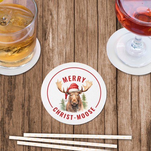 Merry Christ_moose Funny Christmas Moose Round Paper Coaster