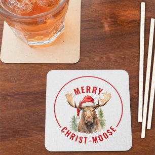 Merry Christ-moose Funny Christmas Moose Square Paper Coaster