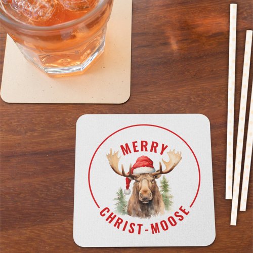Merry Christ_moose Funny Christmas Moose Square Paper Coaster