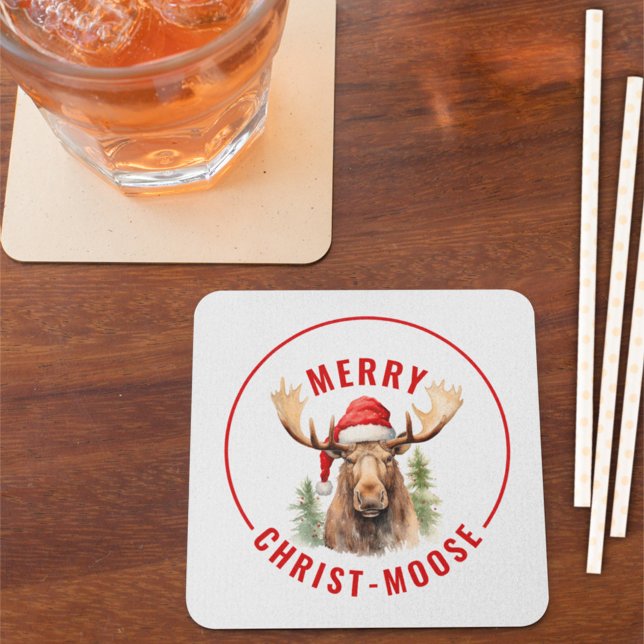 Merry Christ-moose Funny Christmas Moose Square Paper Coaster (Creator Uploaded)