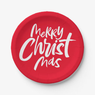 Merry Christian Christmas Lettering Christ God Red Paper Plates