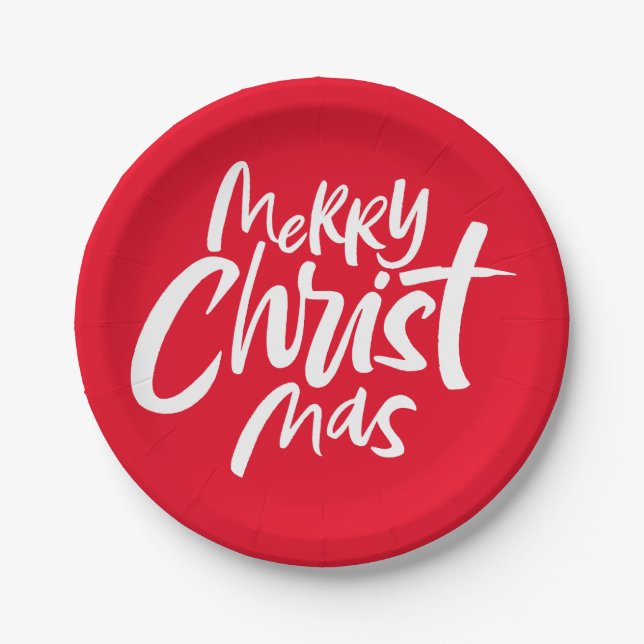 Merry Christian Christmas Lettering Christ God Red Paper Plates (Front)