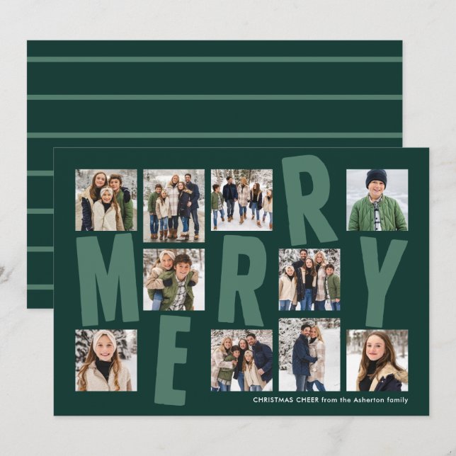 Merry Christmas 10 photo collage bold modern green Holiday Card (Front/Back)