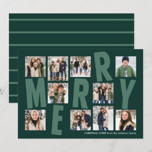 Merry Christmas 10 photo collage bold modern green Holiday Card