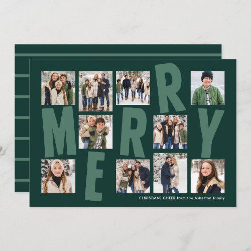 Merry Christmas 10 photo collage bold modern green Holiday Card