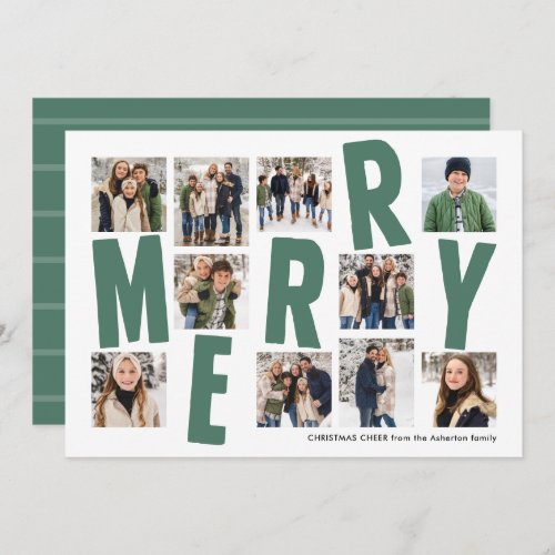 Merry Christmas 10 photo collage bold modern green Holiday Card