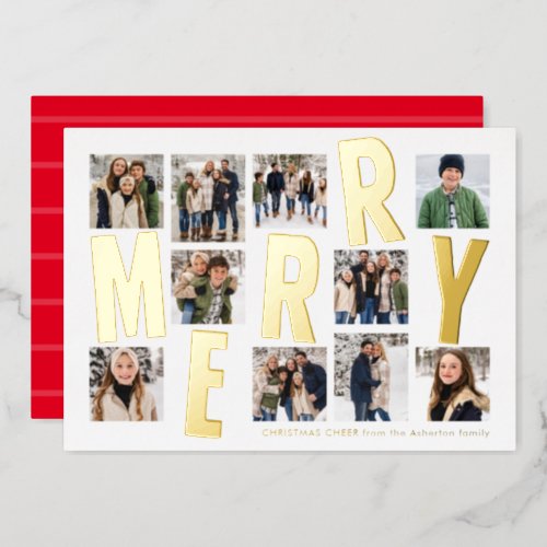 Merry Christmas 10 photo collage bold modern red Foil Holiday Card