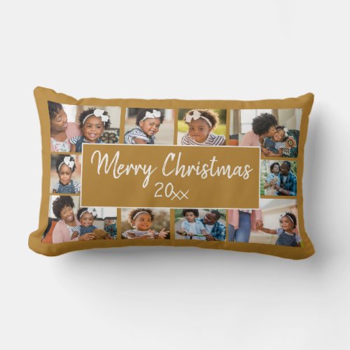 Merry Christmas 10 Photo Collage Gold Yellow Lumbar Pillow