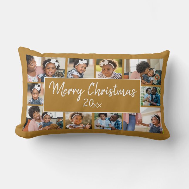 Merry Christmas 10 Photo Collage Gold Yellow Lumbar Pillow (Front)