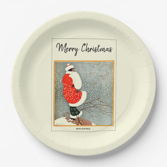 Merry Christmas 1914 Snow Bunting  Paper Plates (Front)