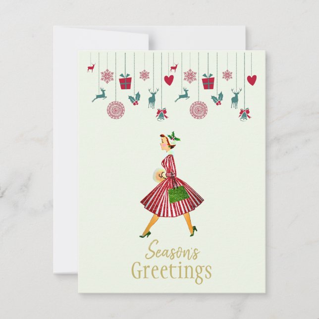 Merry Christmas 1950 Vintage lady Holiday Card (Front)