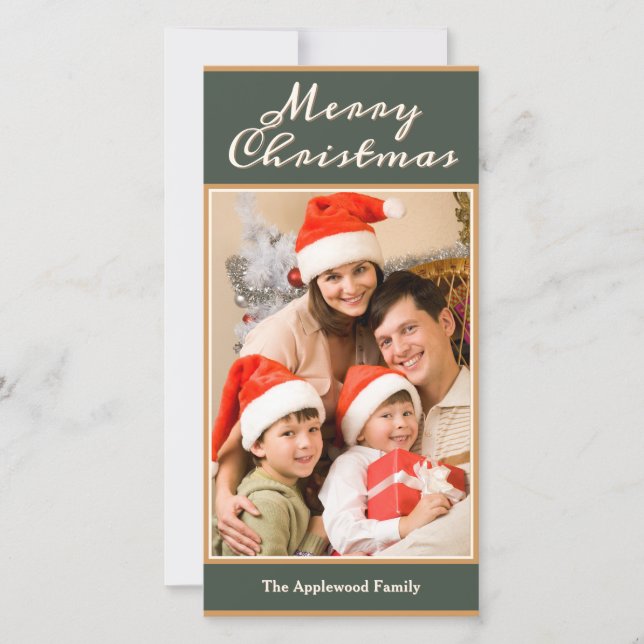 Merry Christmas 1 Photo Elegant Green Faux Gold Holiday Card (Front)