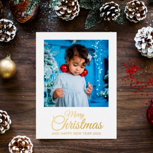 Merry Christmas 1 photo elegant script gold Foil Holiday Postcard