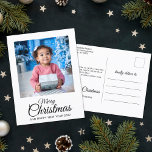 Merry Christmas 1 photo elegant script Holiday Postcard<br><div class="desc">This classy and elegant Christmas postcard is perfect for sending holiday greetings to family and friends. The front of the card is customizable with one of your favorite family portraits and features a modern whimsical hand-lettered Merry Christmas typography. The back of the card is personalizable with your return address, your...</div>