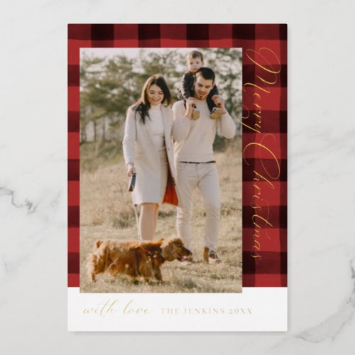 Merry Christmas 1 Photo Plaid Gold Foil Holiday Card