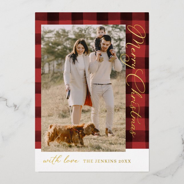 Merry Christmas 1 Photo Plaid Gold Foil Holiday Card (Front)