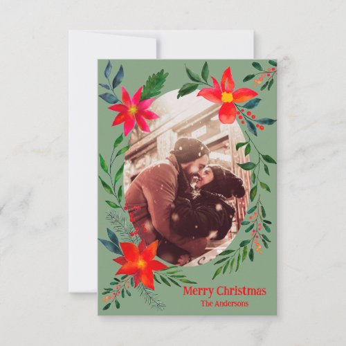 Merry Christmas 1 Photo Watercolor Floral Holiday Thank You Card