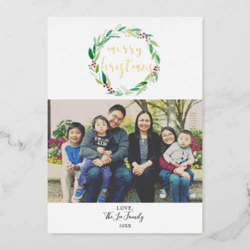 Merry Christmas 1 Photo Watercolor Wreath Chic Foil Holiday Card