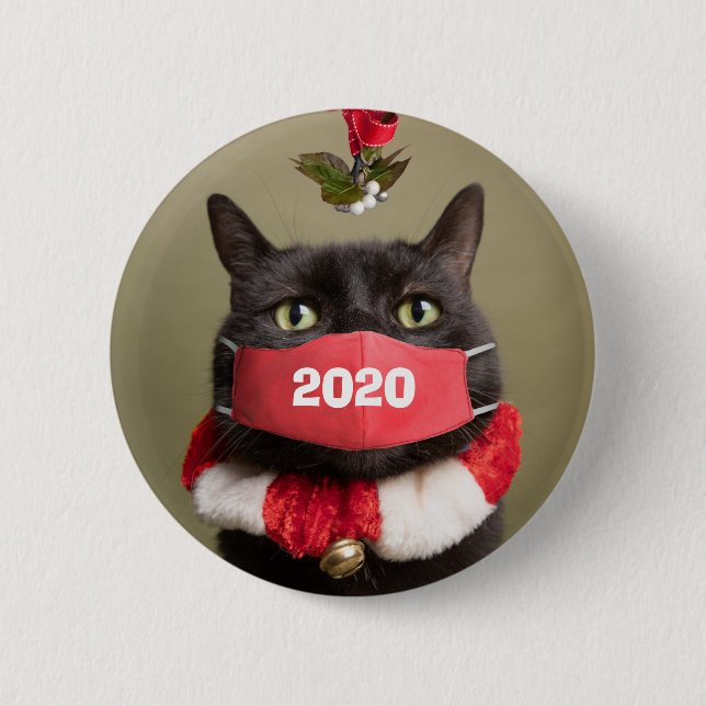 Merry Christmas 2020 Cat in Covid Face Mask Button (Front)