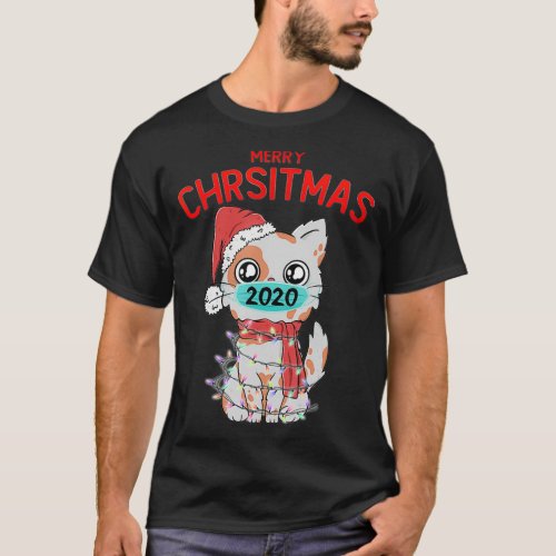 Merry Christmas 2020 Cute Cat face mask xmas light T_Shirt
