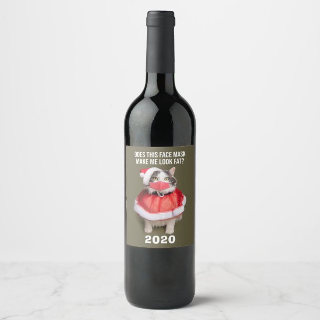 Merry Christmas 2020 Fat Cat in Face Mask Wine Label (Front)