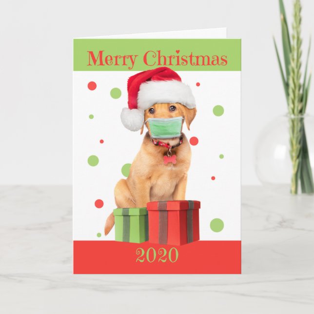 Merry Christmas 2020 Labrador Puppy in Face Mask Holiday Card (Front)
