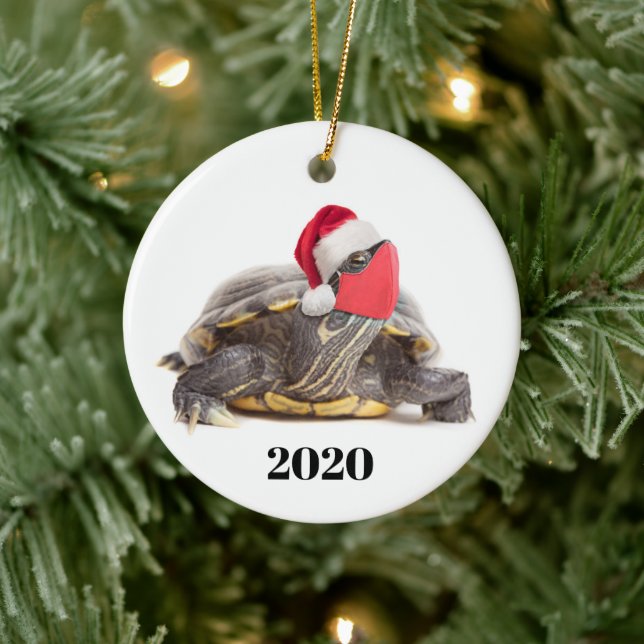 Merry Christmas 2020 Turtle in Face Mask Ceramic Ornament (Tree)